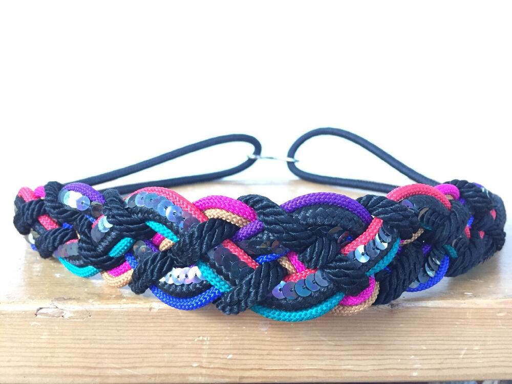 Vintage 90s Vaporware Multi Color Pink Teal Black Braided Sequin Rope Waist Belt